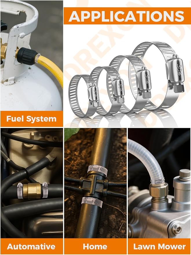 Hose Clamp Assortment 200PCS Hose Clamp 304 Stainless Steel Kit Adjustable 1/4"~2"(6~51mm) Worm Gear Hose Clamp, Heavy Duty Small Hose Clamps for Automotive, Fuel Line, Pipe, Radiator