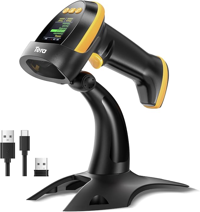 Tera Barcode Scanner Wireless 2D with Stand: Pro Version Digital Setting Screen Keypad Works with Bluetooth 2.4G Wireless USB Wired Extra Fast Scanning Speed Handheld Bar Code Reader HW0009-Z Yellow