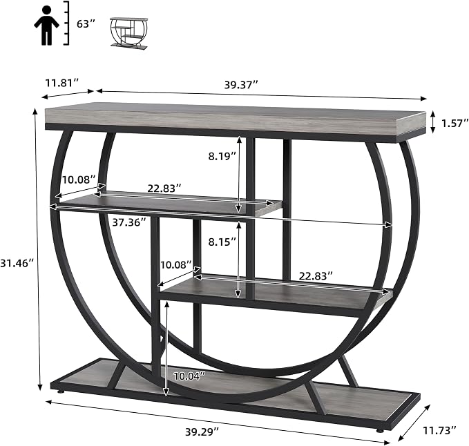 Garvee Entryway Table with Storage, Industrial 4-Tier Narrow Console Table Behind Couch with Half-Circle Base & Storage Shelves for Living Room, Hallway, Foyer