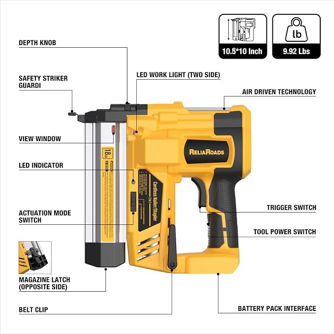 ReliaRoads 2" Cordless Brad Nailer, Patented 18GA 2-in-1 Staple Nail Gun Battery Powered Compatible with DeWalt 20V MAX Battery, Electric Nail Gun with Nails Puller, 1600 Nails (Battery Not Included)