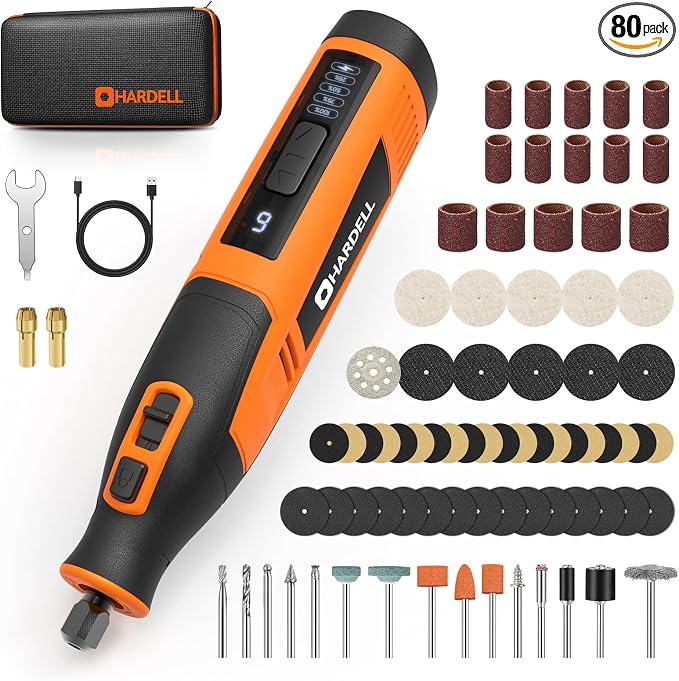 4V Cordless Rotary Tool Kit with 80Pcs, 4000mAh Long-lasting Battery, 6 Speeds 8000-28000RPM Rotary Tool with Digital Display for Cutting, Sanding, Polishing, Drilling, Engraving, DIY Crafts(Orange)