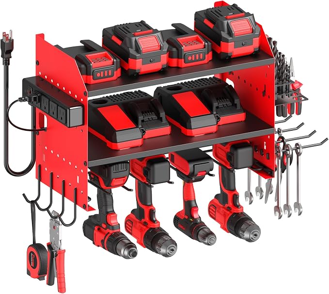CCCEI Modular Power Tool Organizer Wall Mount with Charging, Red, 1 Pack | Drill & Battery Storage Rack with Peg Hooks, Garage Workshop, Gifts for Men, Husband, Anniversary, Birthday