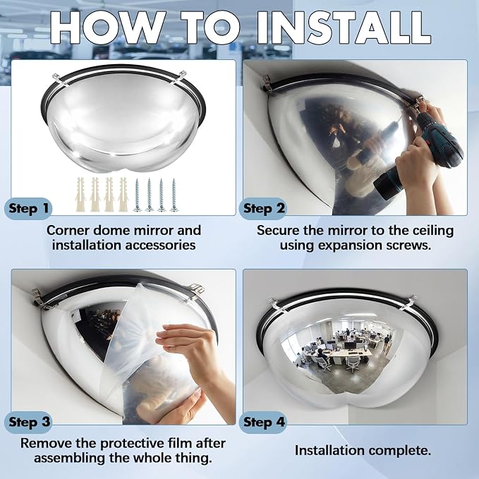 Sintuff 1 Pcs 18'' 270 Degree Corner Dome Mirror, Impact-Resistant Acrylic Corner Dome, High Viewing Angle, Security and Safety Mirror for Blindspot