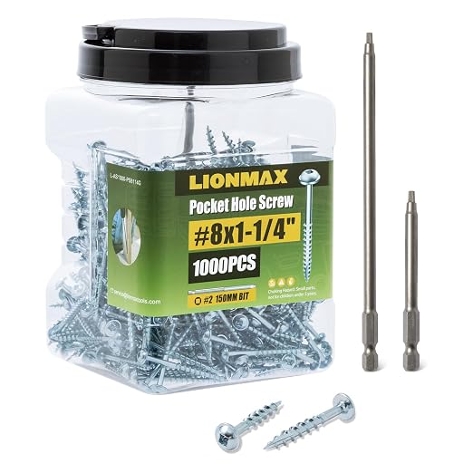 LIONMAX Pocket Hole Screws #8 x 1-1/4", 1000PCS Pocket Wood Screws with Coarse Thread, Square Drive, Self Tapping, for Indoor Use, Zinc Plated, 150MM Drive Bit Included