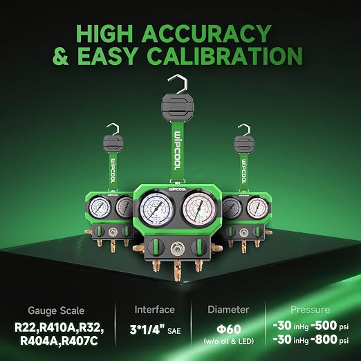 WIPCOOL Manifold Gauge for R22 R410A/R32 R404A R407C Air Conditioning Refrigerants, with Sight Glass 3 * 1/4" SAE Ports, Shockproof Integrated Design