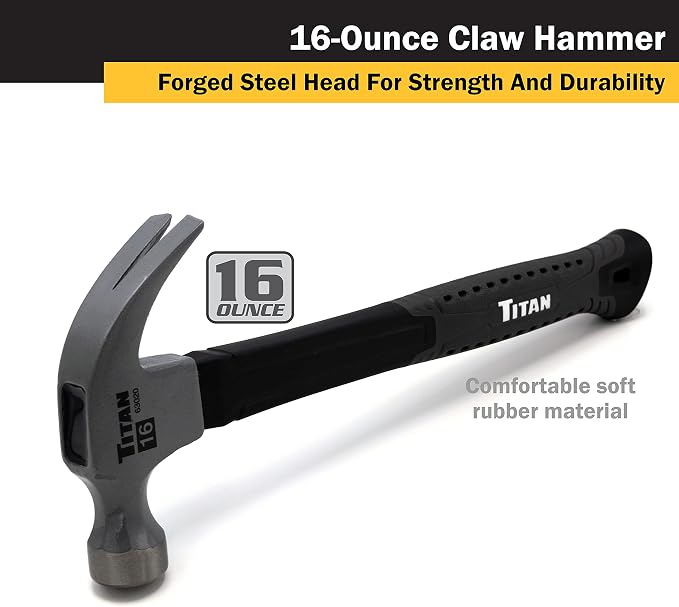Titan 4-Piece 16oz Hammer Set: Claw, Rubber Mallet, Dead Blow, Ball Peen Hammers - 16oz Each, Orange, Non-Slip Rubber Grip