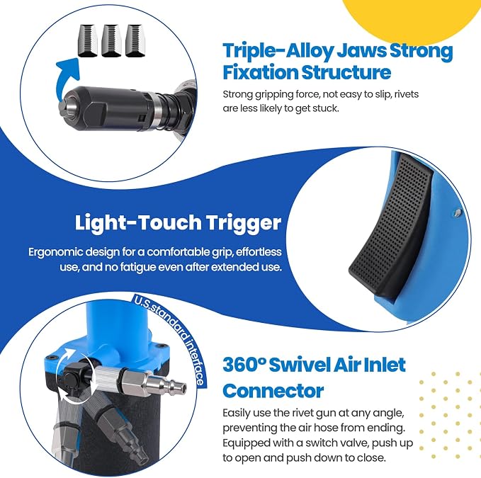 Air Pneumatic Rivet Gun Kit – Heavy Duty Pneumatic Riveter with 3/32", 1/8", 5/32", 3/16" Nosepieces, Ideal for Automotive, Construction, and Manufacturing Applications