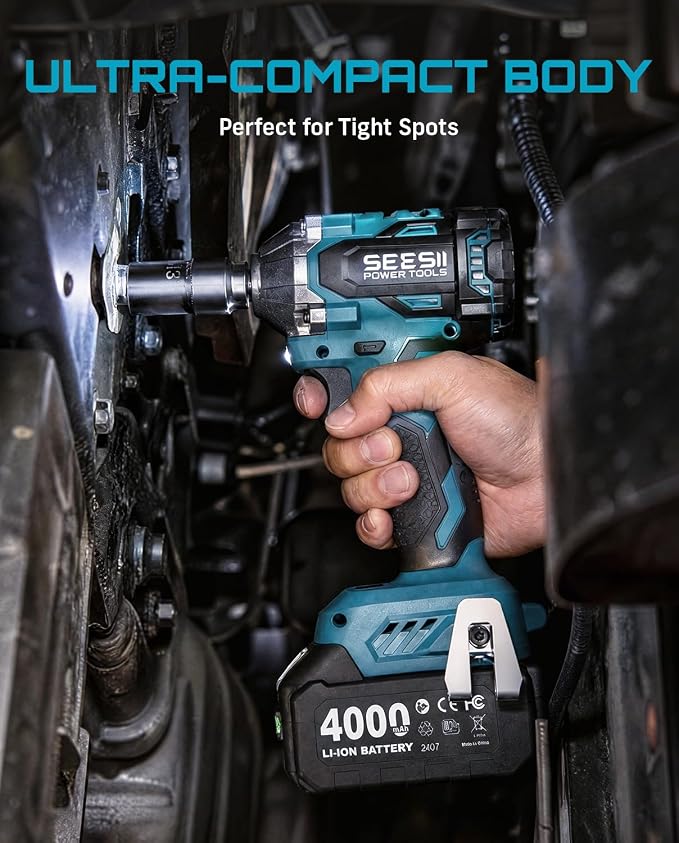 Seesii 3/8" Cordless Impact Wrench, Power Impact Gun w/Max Torque 330Ft-lbs(450N.m), 4.0Ah Rechargable Battery & 4 Sockets, Compact Power Impact Wrench for Lightduty Work Car Home,WH450