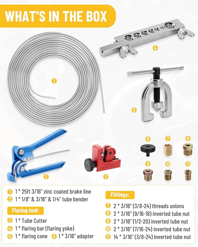 25 ft 3/16in Zinc-Plated Brake Line Flaring Tool Kit, Includes 3-in-1 Tube Bender, Double & Single Flaring Tool Set, 1 Tube Cutter, 2 Threads Unions, 20 Fittings