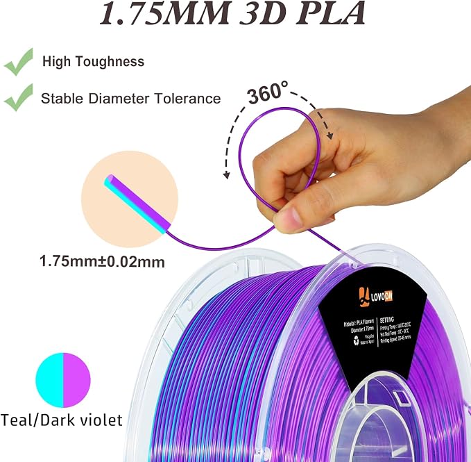 LOVOON 3D Printing Filament PLA Silk Multicolor PLA Filament 1.75mm DualColor Change by Angle Filament Fit Most 3D Printer& 3D Pen,Silk Teal/Dark Violet(Blue/Purple), 1KG(2.2lbs)/Spool