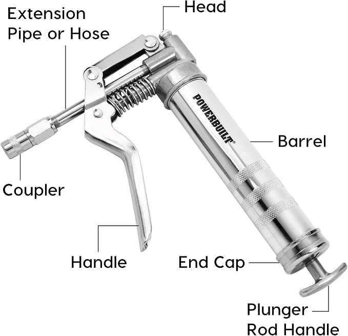 Powerbuilt Mini Pistol Grip Grease Gun with 6 Inch Extension Pipe Attaches at 0 or 90 Degrees, Push Button Air Bleeder Valve; Uses Standard 3 Ounce Cartridges - 648755