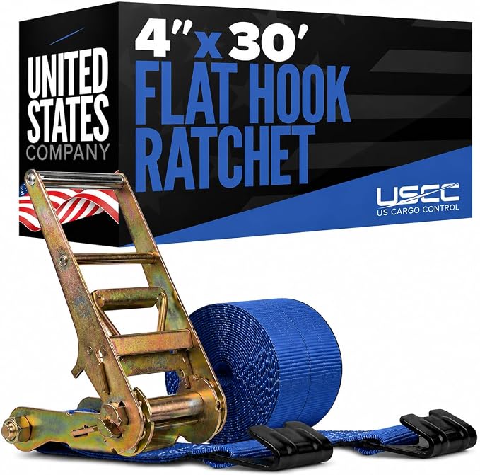 US Cargo Control Flat Hook Ratchet Strap 4” x 30’, 5,400 LBS Working Load Limit, Blue 4 Inch Ratchet Strap with Black Flat Hook, Professional 4 Inch Strap for Flatbed Trailers