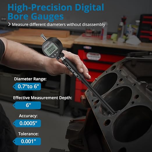 AUTOUTLET Digital Dial Bore Gauge, 0.7"-6" Measurement Range, 0.0005" Precision Dial Bore Gauge with 23Pcs Anvils & ABS Storage Case, 6” Deep Hole Measurement for Cylinder, Engine, Machining