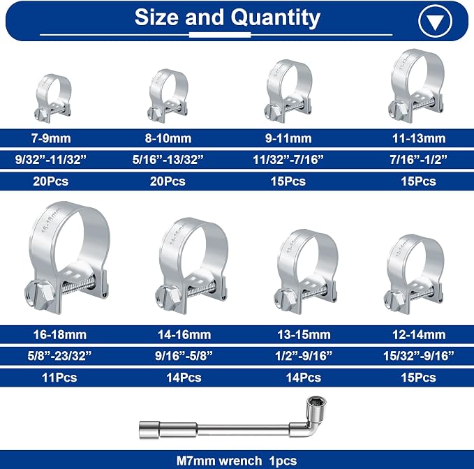 Tnisesm 125PCS Mini Fuel Injection Hose Clamps Adjustable 9/32"-23/32" Dia 7-18mm Fuel Line Clamps Assortment Kit, for Automotive Diesel Petrol Pipe with Socket Spanner