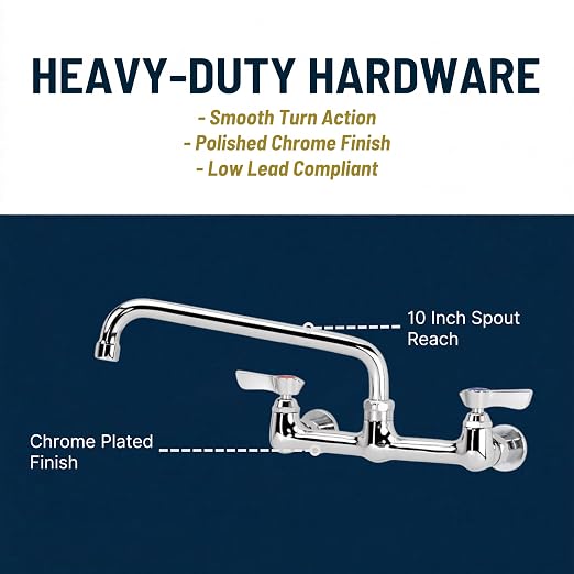 Krowne 12-810L Wall Mount Faucet, Silver Series, 8" Center Splash-Mounted, Heavy Duty Low Lead Faucet with 10" Swing Spout, 1.8 GPM, Chrome-Plated, NSF, 12-3/8"W x 10" D x 4-3/8"H