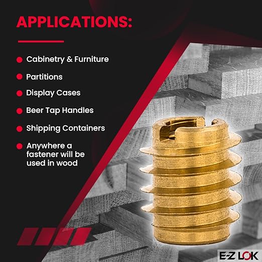 E-Z LOK Knife Threaded Insert for Hard-Wood, Brass Thread Inserts 6-32 Internal Threads, 0.375" Length Pack of 25