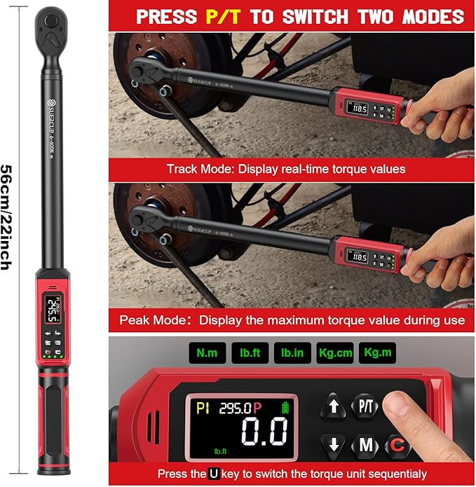 SUERCUP 1/2" Digital Torque Wrench (4.4-295 Ft.lb / 6-400Nm) for Auto/Truck | ±1% Accuracy with Vibration/Buzzer/LED Alerts, 9 Presets & 5 Units, for Engine, Suspension, Trailer & Industrial Assembly