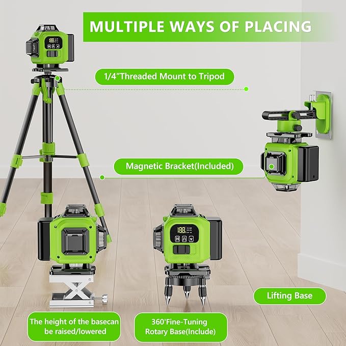 16 Line Laser Level 360 Self Leveling with tripod, 4x360°Professional 4D Green Cross Line laser Level with 2 Batteries & Remote Control, for Tiling Floor Construction and Picture Hanging