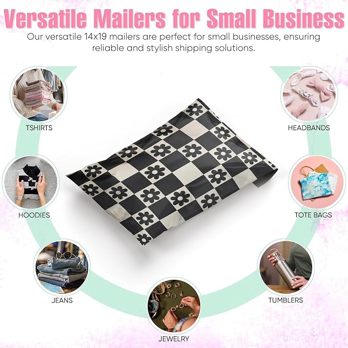 Package Mint 14x19 Poly Mailers - 100 Pack Daisy Checkerboard - Waterproof and Tear-Resistant Poly Mailer Shipping Bags with Self-Adhesive Seal - Opaque Mailing Envelopes for Clothing and Soft Goods
