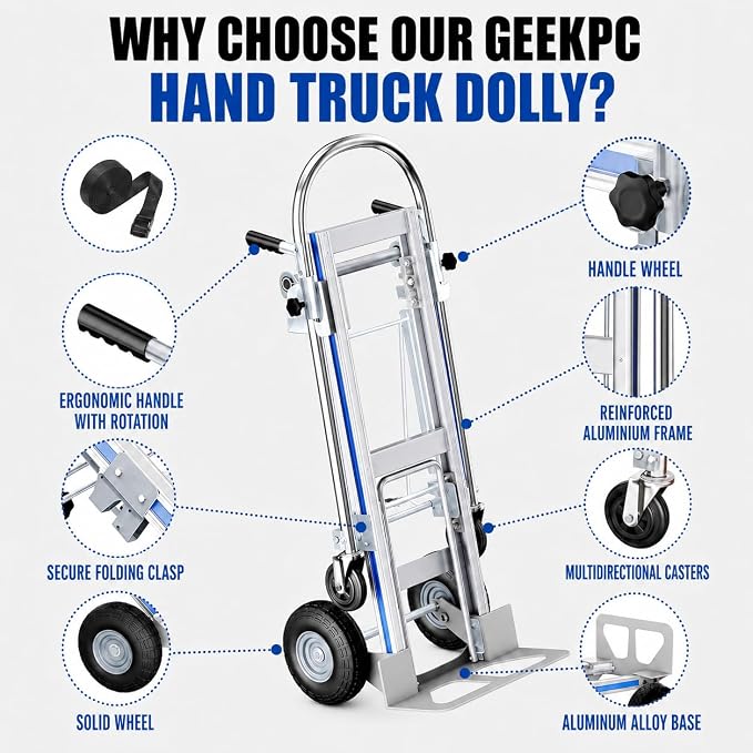 Hand Trucks Heavy Duty Aluminum Dolly Cart, 3 in 1 Design 1000 Lbs Capacity with Solid Wheels - Foldable, Portable, Ergonomic Handle, Perfect for Construction, Warehouses, Factories, Indoor & Outdoor