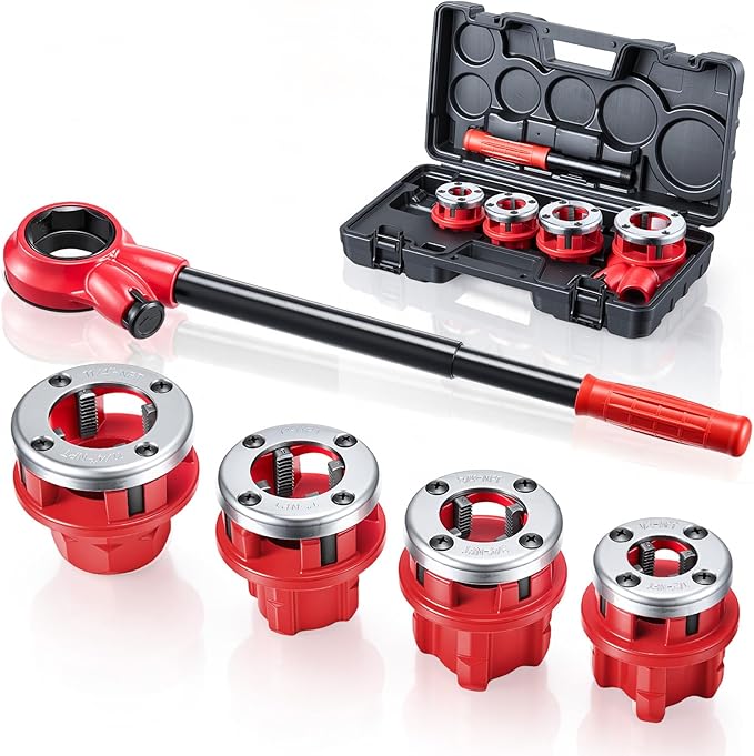 VEVOR Ratchet Pipe Threader Kit with 4 Dies, 1/2" NPT, 3/4" NPT, 1" NPT, 1-1/4" NPT Manual Ratcheting Pipe Threading Tool, Portable Pipes Threader Set with Toolbox for Plumbing Installation & Repair