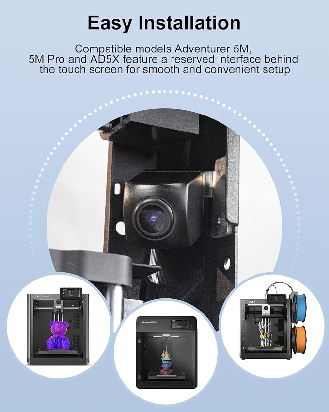 Camera Kit for FLASHFORGE AD5X Adventurer 5M/5M Pro 3D Printers, Real-Time Remote Monitoring Time-Lapse Recording Compatible with Flash Maker App, 3D Printer Accessory for Adventure AD 5X/AD5M/5M PRO