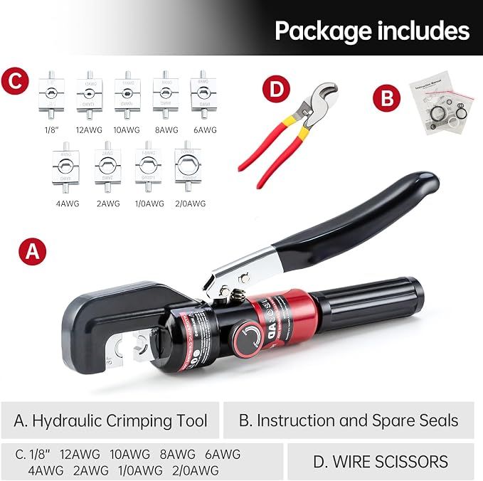 Hydraulic Crimping Tool and Cable Cutter Hydraulic Cable Lug Crimper 8 US TON 12 AWG to 00 (2/0) Electrical Terminal Cable Wire Tool Kit with 9 Die