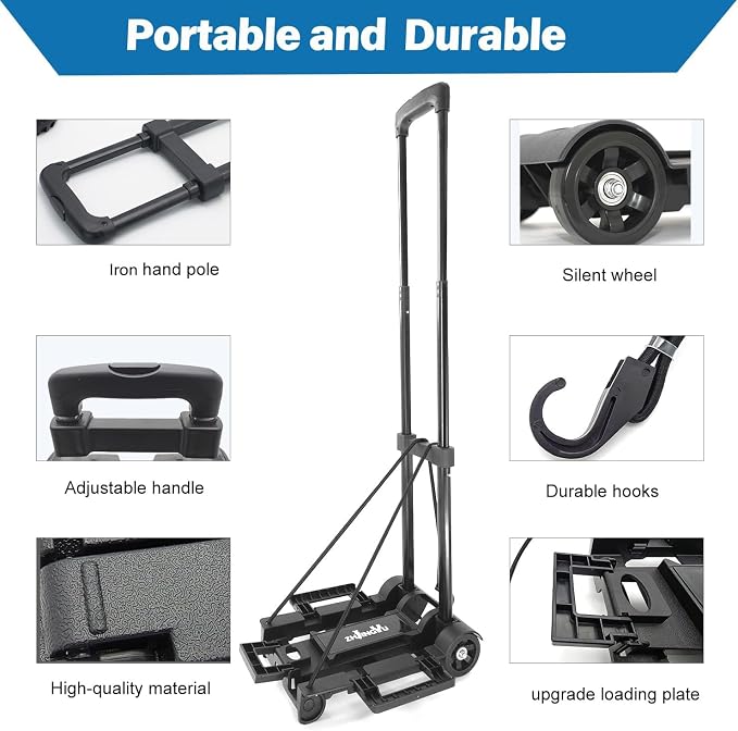 Folding Hand Truck Trolley Dolly, Folding Cart Small Trolley Dolly with Wheels, Lightweight Utility Dolly Trolly Expandable Baseplate Small Backpack Portable Luggage Cart for Airport Travel