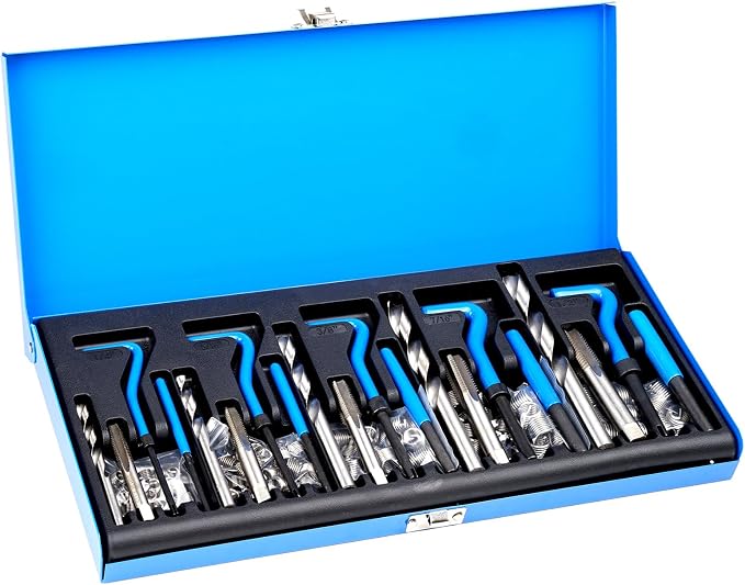 VEVOR Helicoil Thread Repair Kit - 131-Piece SAE HSS Drill Inserts Taps & Tools 1/4" 5/16" 3/8" 7/16" 1/2" UNC Rethreading Tool Kit Insertion Rethreading Tools Universal Rethread Restorer