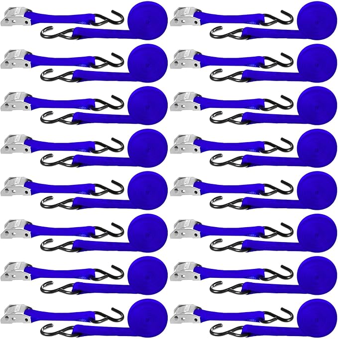 Riakrum 16 Pcs Cambuckle Tie Down Straps 1763lbs Break Strength Securing Straps 1'' x 15 ft Cambuckle Tie Downs with S Hook for Motorcycle, Kayak, Car, Truck, Boat Moving, Securing Cargo (Blue)