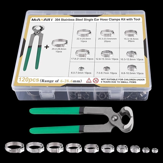 MIAHART 120Pcs Stainless Steel Single Ear Hose Clamps with Ear Clamp Pincer 10 Sizes 304 Stepless Crimp Clamps for Securing PEX Tubing Pipe Hose and Automotive Use with Storage Box 1/4 inch-1 1/8 inch