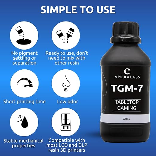 TGM-7 3D Wargaming Resin for Tabletop Miniatures – Tough, High Resolution, Low Odor, Fast Curing 3D Printing Liquid for 4K/8K/12K LCD/DLP/SLA 3D Printers (Grey, 1kg)