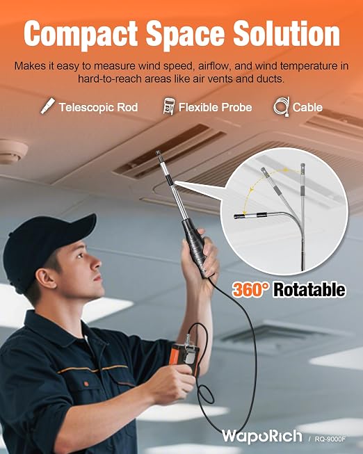 Hot Wire Anemometer HVAC, WapoRich CFM Air Flow Meter Wind Speed Gauges with MAX/MIN, CMM/CMS/CFM Airflow Meter, Air Velocity 0.2-67 MPH, Wind Temp 32℉-113℉ - RQ-9000F