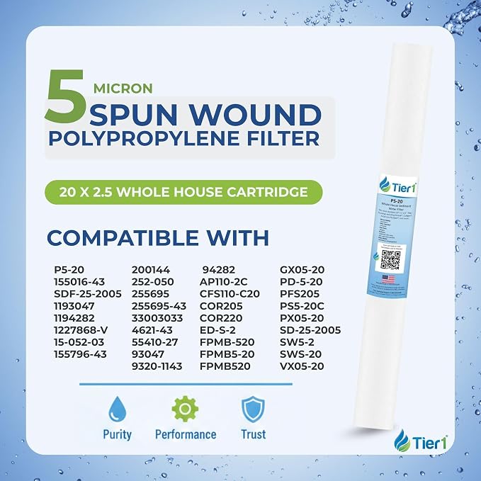 Tier1 5 Micron 20x2.5 Water Filter | Spun Wound Polypropylene Whole House Sediment Cartridge | Replacement for Pentek P5-20, 155016-43, SDF-25-2005 | 2.5 x 20 P5-20 Water Filter (3-Pack)