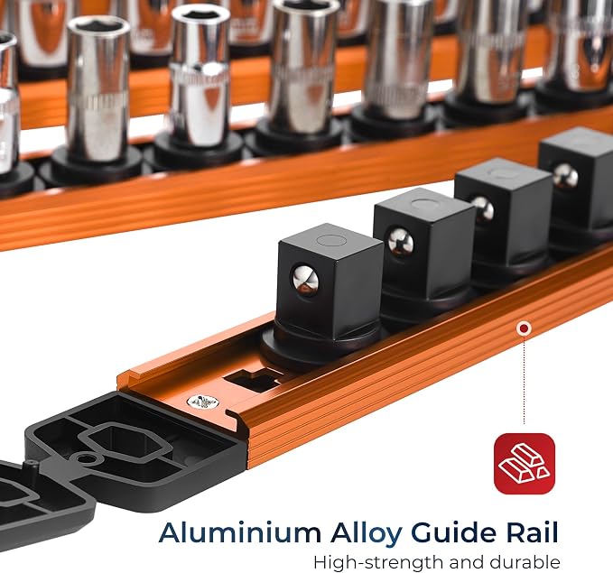 Reniteco Magnetic Socket Organizer, 1/4" Drive Aluminum Alloy Socket Rail, Heavy Duty Magnetic Socket Holder with 14PC 360° Swivel Removable Clips, Magnetic Socket Rack for Tool Box Drawer, Orange