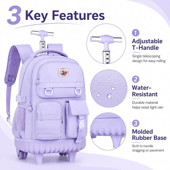 CCJPX Rolling Backpack for Girls Women, 21 inch Roller Wheels School Bookbag, Wheeled Suitcase Backpacks with Lunch Bag for Teen - Purple