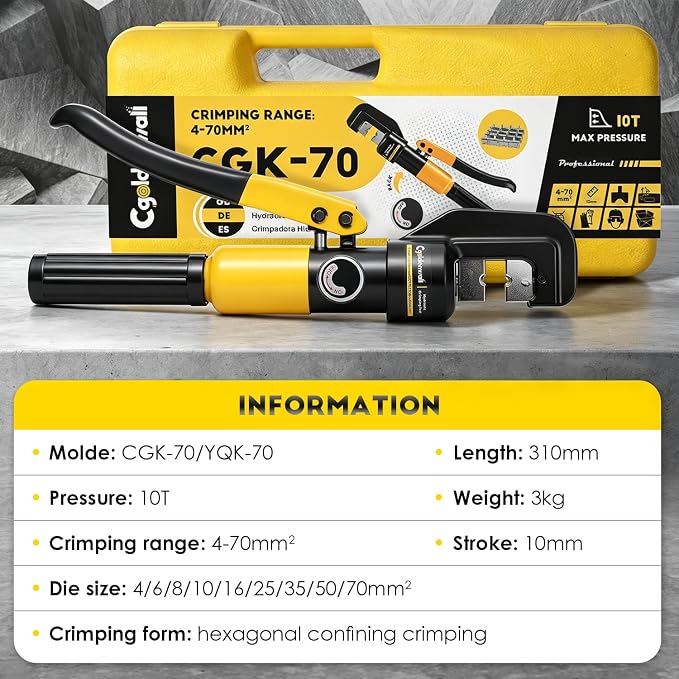 CGOLDENWALL Hydraulic Crimping Tools 10T 12 AWG to 2/0 AWG with Hexagon Steel 9 Dies for Copper and Aluminum Terminal Lugs Battery Wire Crimping, 2 Pairs of Sealing Rings Included
