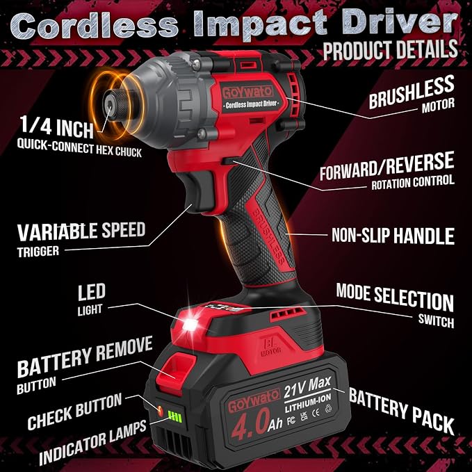 Cordless Impact Driver 2655In-lbs(300N·m) - 21V 1/4" Hex Chuck Brushless Impact Driver With 2 x 4.0Ah Batteries & Charger & 14 x Sockets Set & 10 x Screwdriver Bits for Home Projects & DIY Red
