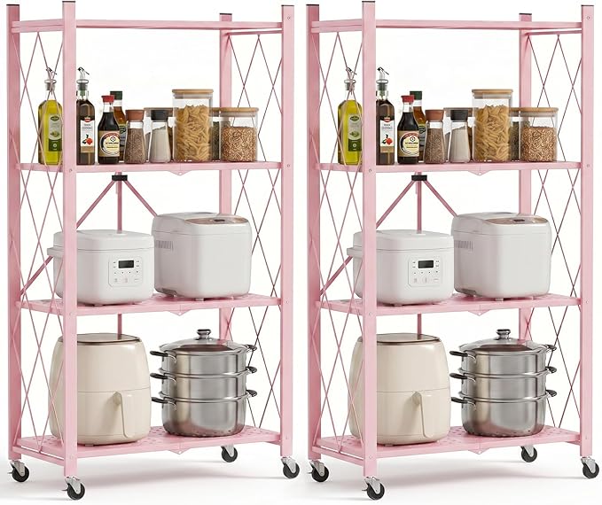 ALANNG 4 Tier Folding Storage Shelf on Wheels,Heavy Duty Metal Rolling Cart | 264 lbs Capacity, No Tools Assembly, Folds to 3.9", Lockable Casters, Portable for Kitchen Laundry Garage (Pink, 2 Pack)
