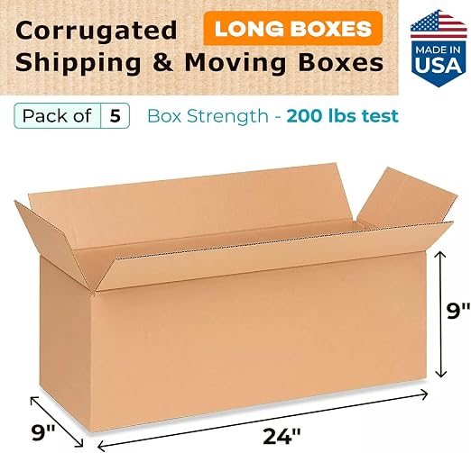 Long Moving & Shipping Boxes 24 x 9 x 9 inches (5-Pack) - Extra Strength 200 lb vs Regular - USA-Made Corrugated Packing Boxes for Delivery - Cardboard Box - Corrugated Shipping Box by IDL Packaging