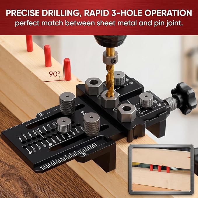 Dowel Jig Kit, Self-Centering Doweling Jig with Quick-Stop Clamp, Adjustable Drill Guide for Straight Dowel Holes, 1/4", 3/8", 1/2" Bushings for Woodworking, Cabinet & Furniture Joints