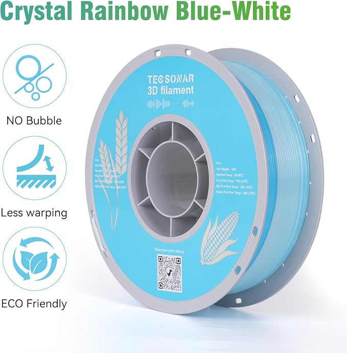 TECSONAR Crystal Rainbow PLA 3D Printer Filament, 1KG Spool(2.2lbs) 1.75mm PLA Fast Color Change 3D Printing Material,Gradient Filament for Most FDM 3D Printers,White Blue