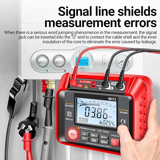 MH13 250V-2500V Digital Insulation Resistance Tester 1MΩ-200GΩ Megger Megohm Testing Meter Auto Range 2000 Counts LCD Display 10V~600V AC/DC Voltmeter with 100 Data Storage