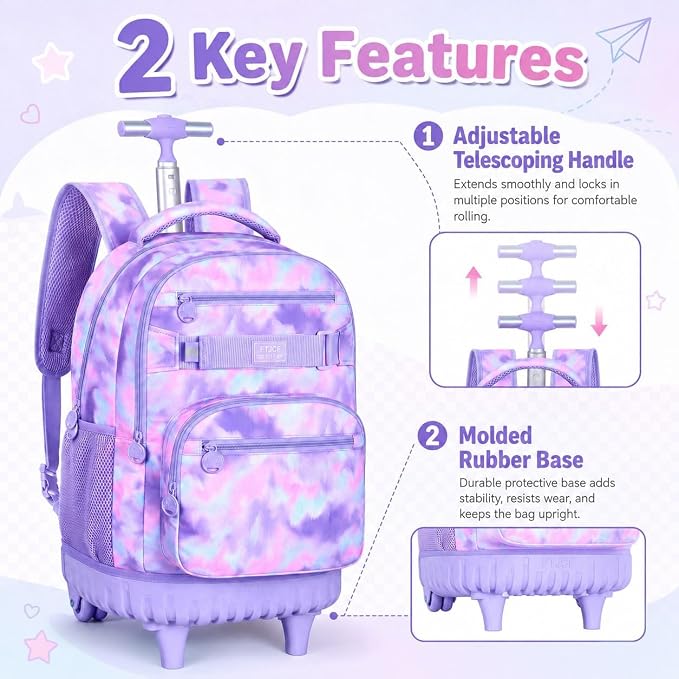 3Pcs Rolling Backpack for Girls Women, Travel Roller Backpacks with Wheels for Adults, Teens College Tie-Dye Wheeled Bookbag with Lunch Box(Purple)