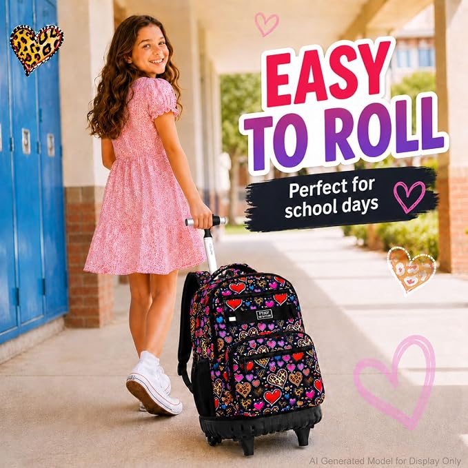 3Pcs Rolling Backpack for Girls Women, Leopard print Travel Roller Backpacks with Wheels for Adults, Teens College Wheeled Bookbag with Lunch Box(Brown)