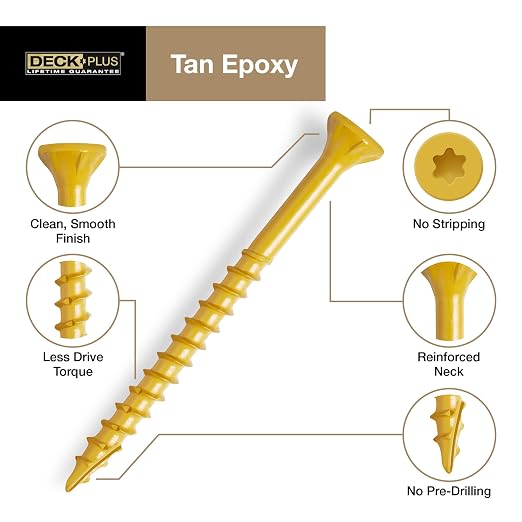 Deck Plus 1-5/8 Inch Epoxy Coated Exterior Wood and Fence Screws #8 x 1-5/8" Torx/Star Drive Included Coarse Thread, Outdoor Rust Resistant Decking Screw, Tan, 1lb Box, 186 Pieces | 48411
