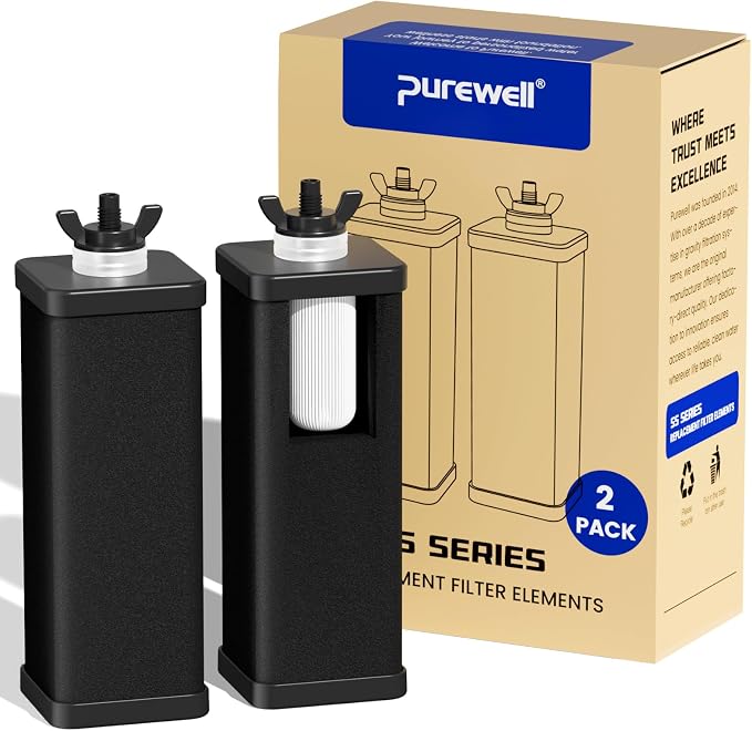 Purewell 3-Stage Composite Carbon Filter for Chlorine Reduction, 2X Thickened Walls, Up to 20,000 Gallons, Replacement Filters Berlkey, ProOne & Purewell Gravity Systems (2 Pack, SS Series, PF-6)