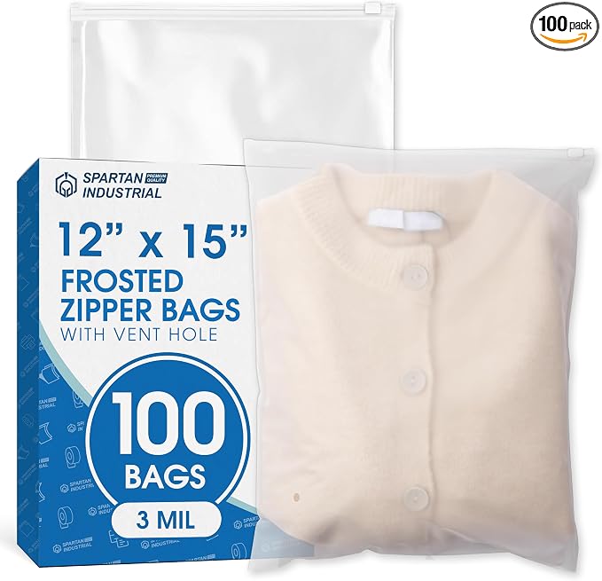 Spartan Industrial - 12” X 15” (100 Count) 3 Mil Frosted Reclosable Zip Plastic Bags with Resealable Lock Seal Zipper and Vent Hole | For Packaging Clothes, Shirts & More