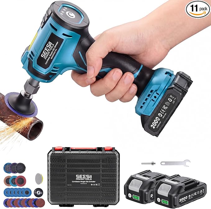 SEESII 1/4" Right Angle Die Grinder Kit, Cordless Brushless Electric Grinder w/ 2 Batteries & 23PCS 2“ Accessories, 4-Speed, Max 24500 RPM, LED Work Light, Lightweight for Grinding Deburring Engraving