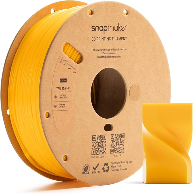 Snapmaker TPU Filament 1.75mm,TPU 95A HF 3D Printer Filament Flexible Soft with High Elasticity,High Speed Printing,Dimensional Accuracy +/- 0.03mm,1kg(2.2lbs) (Yellow)